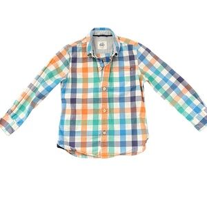 Mini Boden Boys Blue green orange Plaid Check Button Up Size 7-8y